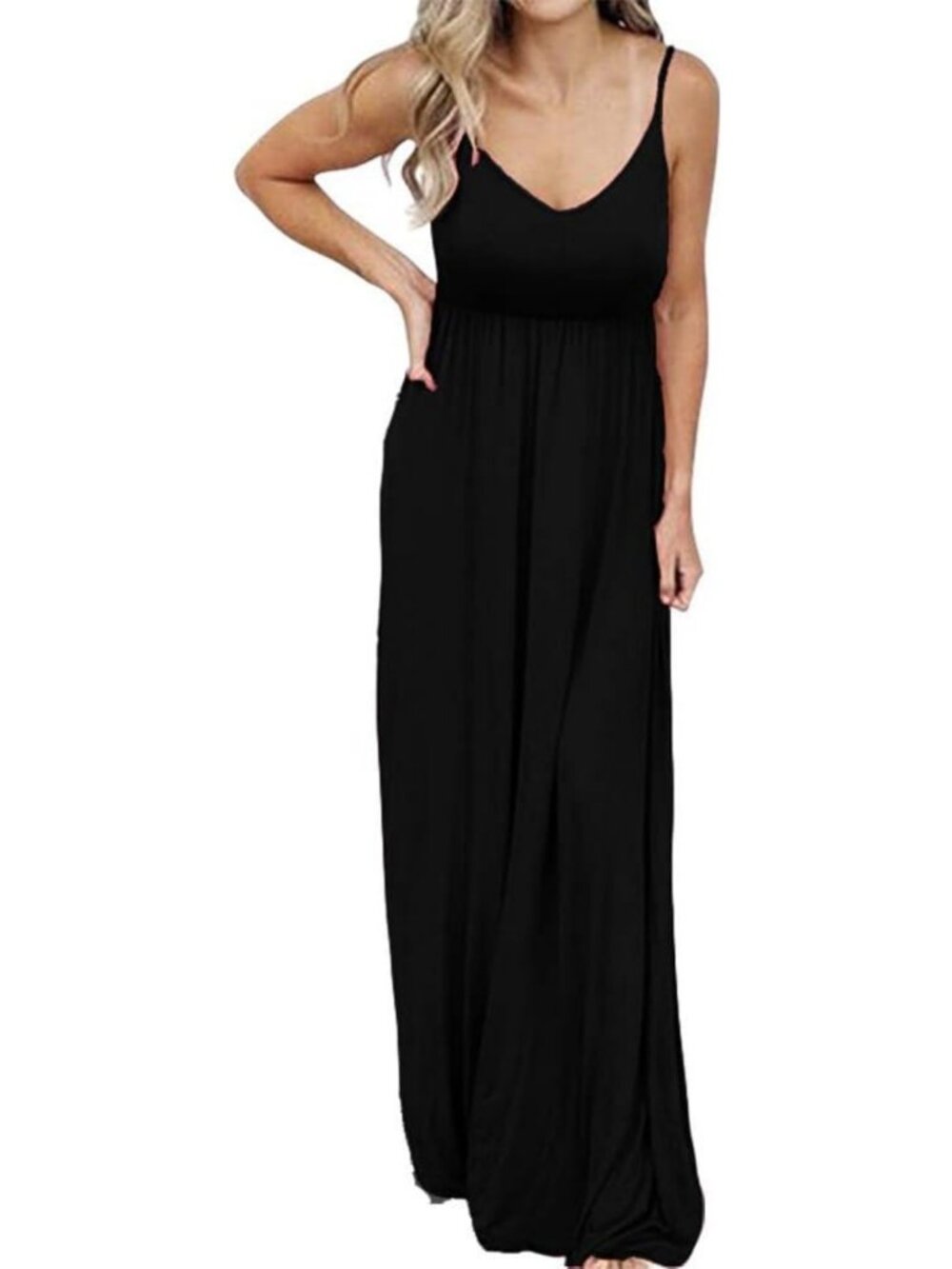 Summer Casual Sleeveless V Neck Maxi Dress with Adjustable Spaghetti Straps